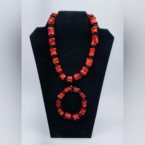 Natural Red Coral Chunky Barrel Bead Necklace+Bracelet Onyx? 925 Sterling Silver